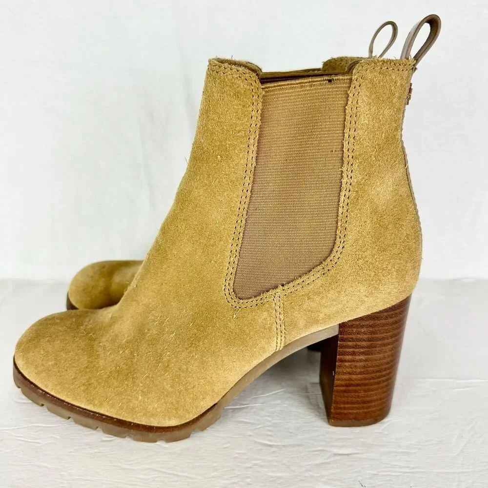 Tory Burch Stafford Suede Ankle Boots Size 8 Tan Beige Pull On Wood Block Heel